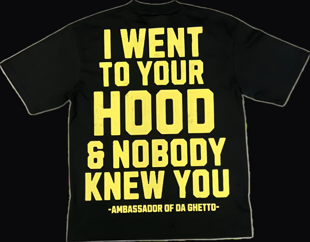 Black t-shirt with yellow text on the back