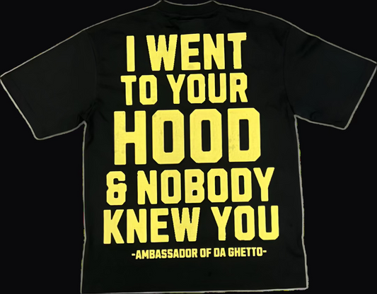 Black t-shirt with yellow text on the back