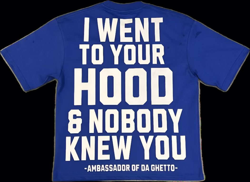 Blue t-shirt with white text on the back.